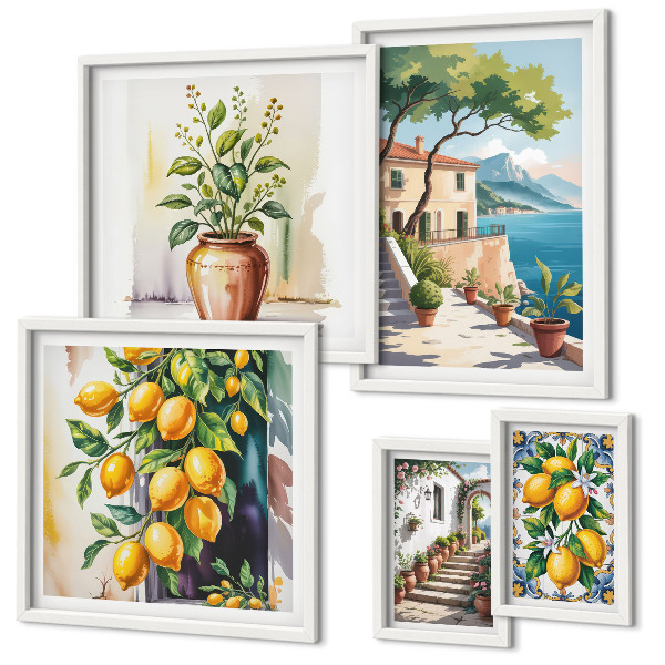 Set di 5 quadri Paesaggi con agrumi e vegetazione