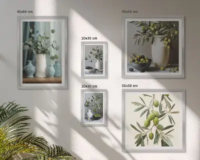 Set di quadri incorniciati con olive verdi in un vaso decorativo