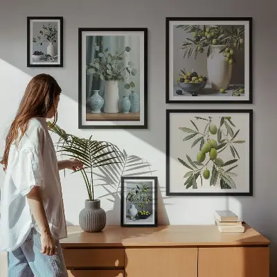 Set di quadri incorniciati con olive verdi in un vaso decorativo