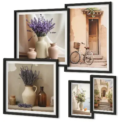 Set di 5 quadri con interni eleganti, bicicletta e fiori