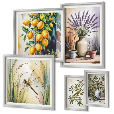 Set di quadri incorniciati con stampa di limoni floreali e olive in stile rustico