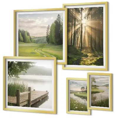 Set di 5 quadri con paesaggi forestali, sole e acqua