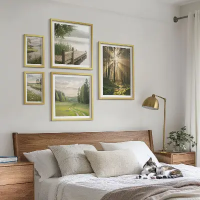 Set di 5 quadri con paesaggi forestali, sole e acqua
