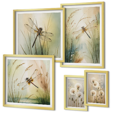 Set di 5 quadri Motivi boho naturalistici con libellule