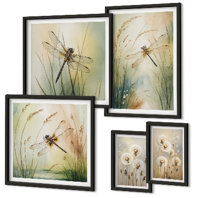 Set di 5 quadri Motivi boho naturalistici con libellule