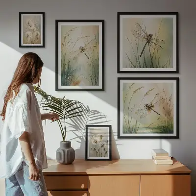 Set di 5 quadri con motivi boho naturalistici e libellule