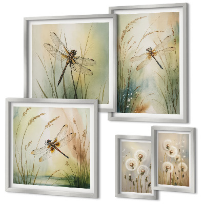 Set di 5 quadri Motivi boho naturalistici con libellule
