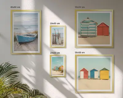 Polittico con cornice panorami sul mare con case e barche