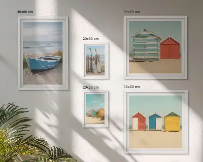 Polittico con cornice panorami sul mare con case e barche