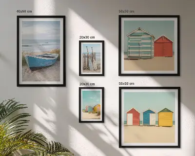 Polittico con cornice panorami sul mare con case e barche