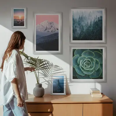 Set di 5 quadri con paesaggi di montagne e mare in stile boho