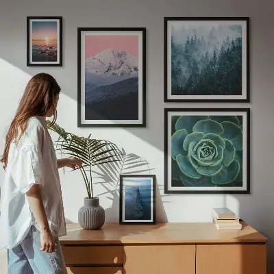 Set di 5 quadri con paesaggi di montagne e mare in stile boho