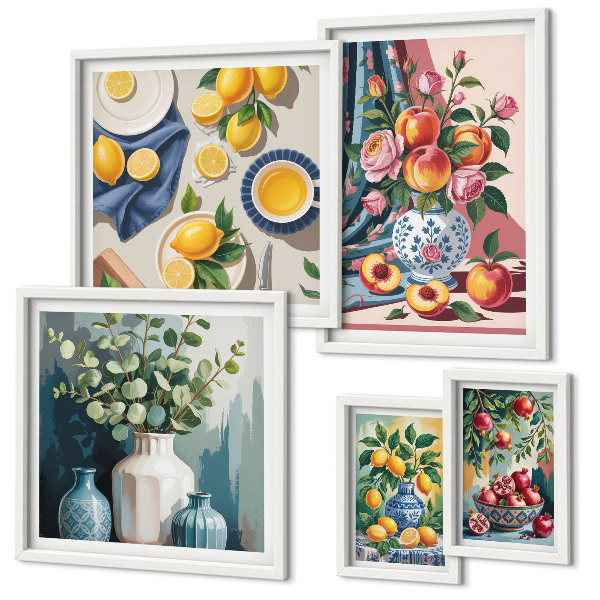 Set di 5 quadri Composizioni floreali e fruttate