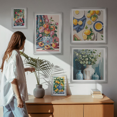 Set di 5 quadri Composizioni floreali e fruttate