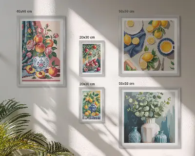 Set di 5 quadri con composizioni floreali e fruttate