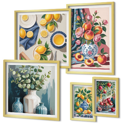 Set di 5 quadri Composizioni floreali e fruttate