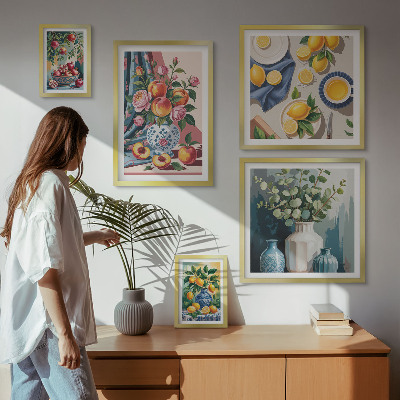 Set di 5 quadri Composizioni floreali e fruttate