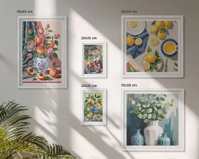 Set di 5 quadri con composizioni floreali e fruttate