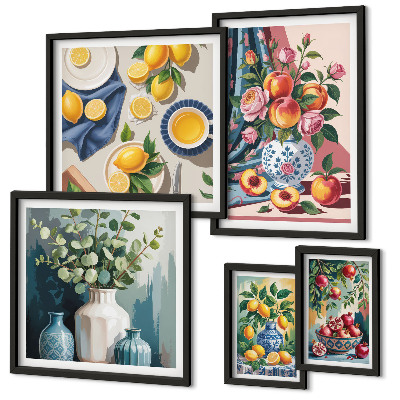 Set di 5 quadri Composizioni floreali e fruttate