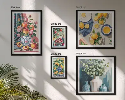 Set di 5 quadri con composizioni floreali e fruttate