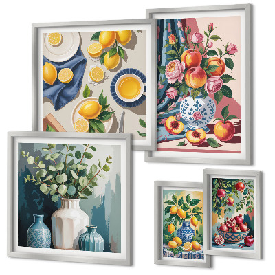 Set di 5 quadri Composizioni floreali e fruttate