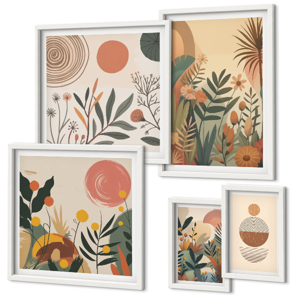 Set di 5 quadri Motivi vegetali astratti in stile boho