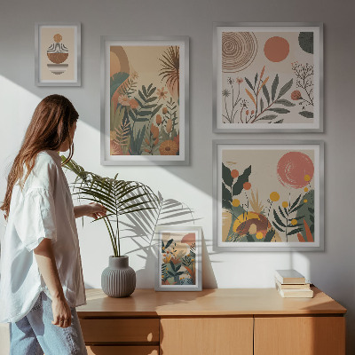 Set di 5 quadri Motivi vegetali astratti in stile boho