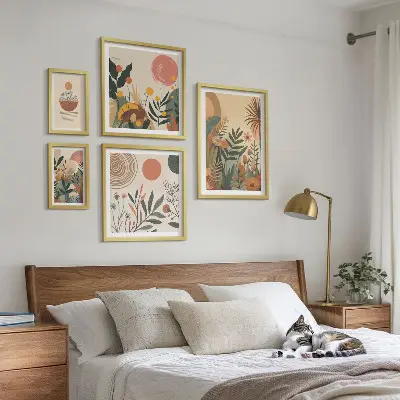 Set di 5 quadri motivi vegetali astratti ispirati allo stile boho
