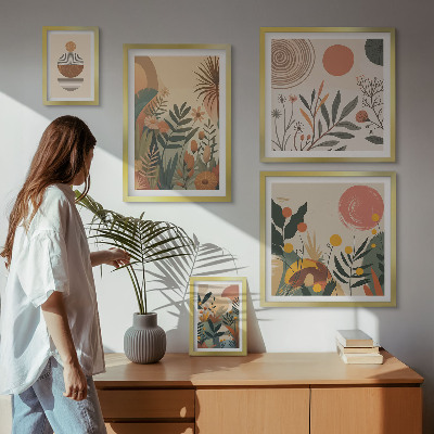 Set di 5 quadri Motivi vegetali astratti in stile boho