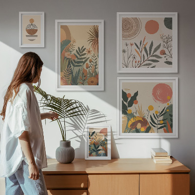 Set di 5 quadri Motivi vegetali astratti in stile boho