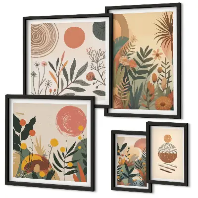 Set di 5 quadri motivi vegetali astratti ispirati allo stile boho