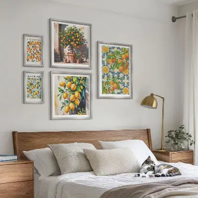 Set di 5 quadri con motivi vintage a tema agrumi e fiori