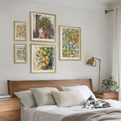 Set di 5 quadri con motivi vintage a tema agrumi e fiori
