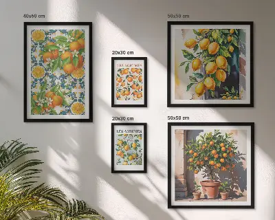Set di 5 quadri con motivi vintage a tema agrumi e fiori