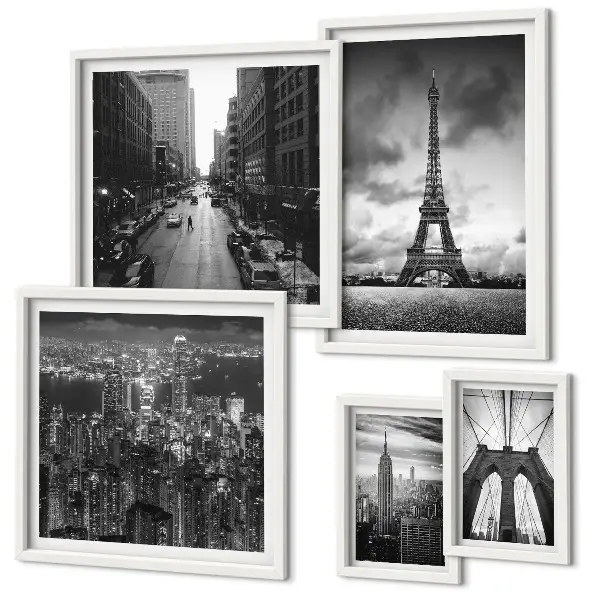 Set di 5 quadri con icone architettoniche in bianco e nero
