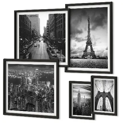 Set di 5 quadri con icone architettoniche in bianco e nero