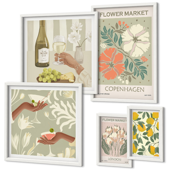 Set di 5 quadri Fiori e frutta in stile vintage