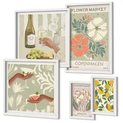 Set di 5 quadri con stampa di fiori e frutta in stile vintage