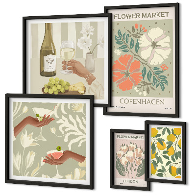 Set di 5 quadri Fiori e frutta in stile vintage