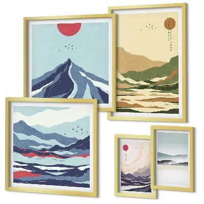 Set di 5 quadri con paesaggi naturali di montagna