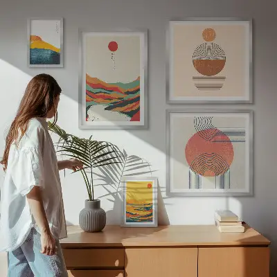 Set di 5 quadri con paesaggi geometrici astratti