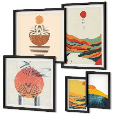 Set di 5 quadri con paesaggi geometrici astratti