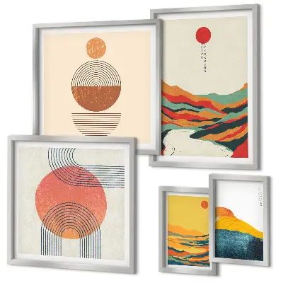 Set di 5 quadri con paesaggi geometrici astratti