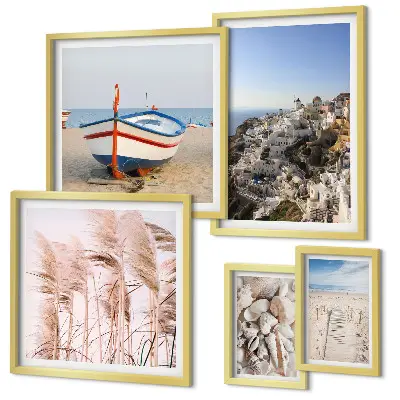Polittico con cornice paesaggi con spiagge ed edifici bianchi