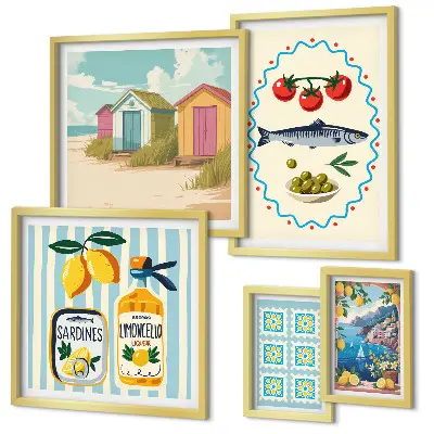 Set di 5 quadri con stampa a tema sapori della cucina mediterranea