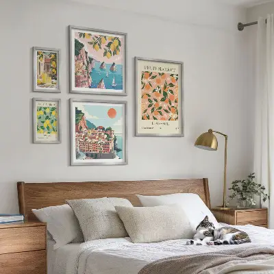 Set di 5 quadri raffiguranti mercati di frutta sul lungomare