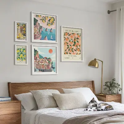 Set di 5 quadri raffiguranti mercati di frutta sul lungomare