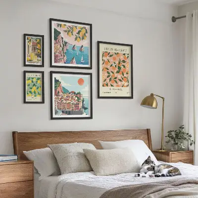 Set di 5 quadri raffiguranti mercati di frutta sul lungomare