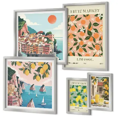Set di 5 quadri raffiguranti mercati di frutta sul lungomare