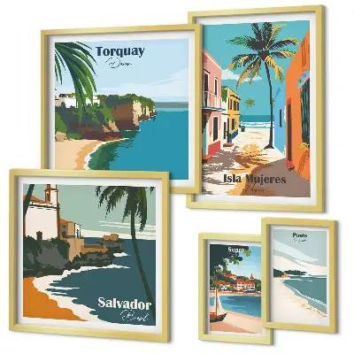 Set di 5 quadri con stampa di spiagge marine colorate